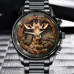 Elegant Safari Giraffe Watch - Personalized Name in the African Landscape