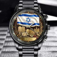 Custom Watch With Personalized Israeli Flag Design And Unique Symbolic Elements